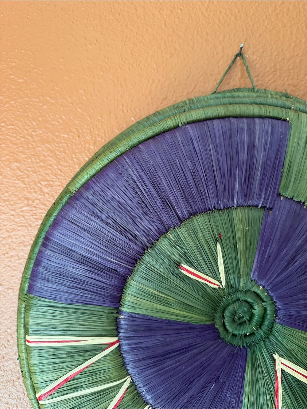 Handwoven Decorative Wall Basket in Green & Purple (14” Diameter)